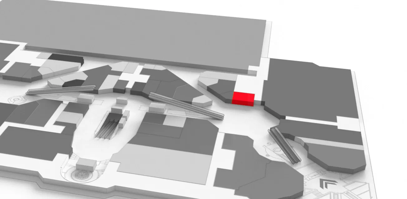 Plano en tres dimensiones del Centro Comercial Rosaleda con el local de La Tiza marcado en rojo.